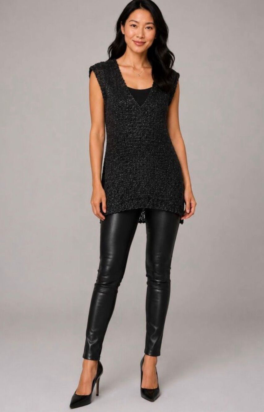 Free People Billie Vegan Leather Open Weave Tunic Black Size Small NWT